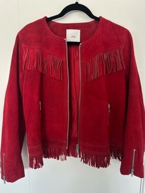 Mango Red Suede Fringe Zip Jacket